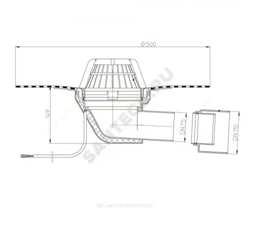 Воронка кровельная HL64.1H с горизонтальным выпуском PP Дн 75/110 с листвоуловителем, электрообогревом, теплоизоляцией, гидроизоляционным полимербитумным полотном 500мм HL HL64.1H