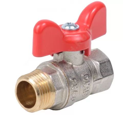 Кран шаровой латунь никель Стандарт Ду 20 Ру40 ВР/НР полнопроходной бабочка красная Dist Н322Б