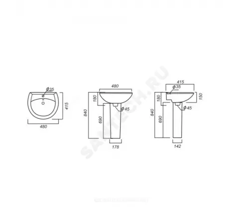 Умывальник подвесной Аттика 48 1 отверстие под смеситель по центру белый Sanita WB.PD/Attica/48-C/WHT.G/S1
