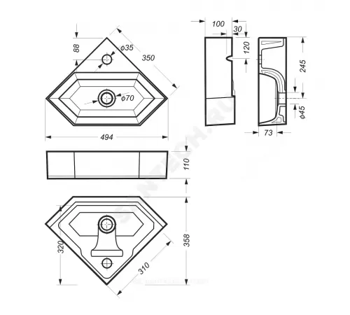 Умывальник угловой подвесной Line 50 1 отверстие под смеситель по центру белый Sanita Luxe LIN35SLWB01