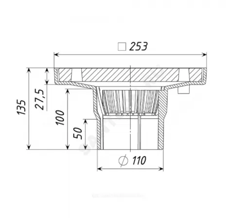Трап чугун вертикальный квадратный с грязеуловителем с чугунной решеткой Ду 100 Татполимер ТП-113