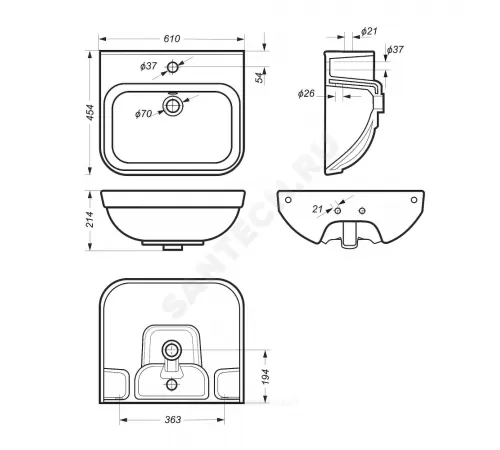 Умывальник подвесной NEXT 60 1 отверстие под смеситель по центру белый Sanita Luxe WB.PD/Next/60-C/WHT.G/S1