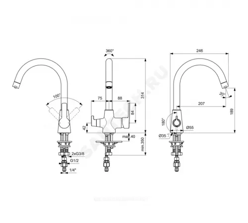 Смеситель для кухонной мойки ручка сбоку одноручный излив с каналом для питьевой воды UNO Vidima BA356OX