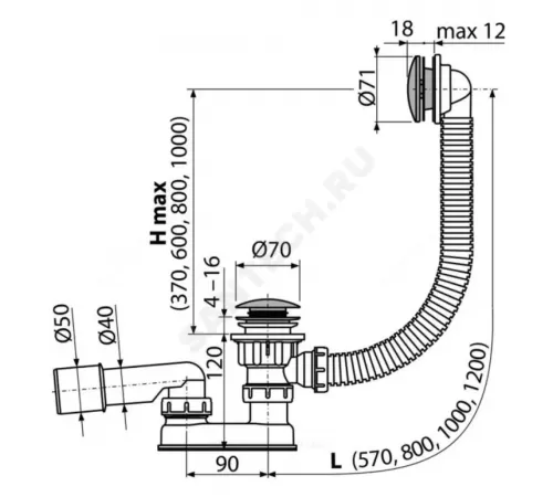 Слив-перелив для ванны плоский автоматический 1 1/2"x40 с переходной трубкой 10гр 40/50 слив клапан "клик-клак", пробка D=70мм хром Alca Plast A504CKM