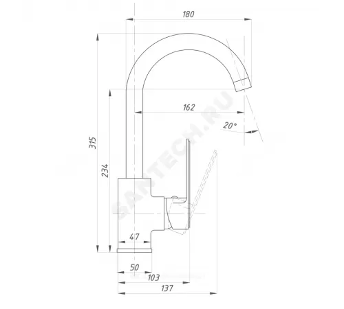 Смеситель для кухонной мойки ручка сбоку одноручный ПСМ-600 Профсан PSM-600-3