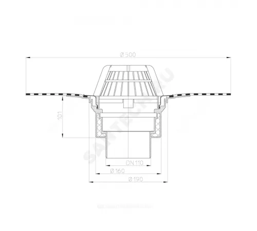 Воронка кровельная HL62H с вертикальным выпуском PP Дн 110 с листвоуловителем, теплоизоляцией, гидроизоляционным полимербитумным полотном 500мм HL HL62H/1