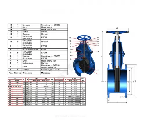 Задвижка чугун VOC4241C аналог МЗВ обрезиненный клин EPDM Ду 300 Ру10/16 Тмакс=110C фл Tecofi VOC4241C-00EP0300