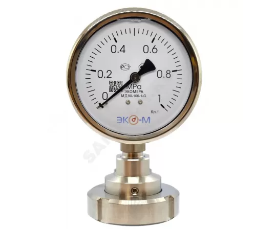 Манометр гидрозаполненный с мембранным разделителем среды молочная (накидная) гайка DN40 МД 90 радиальный Дк100мм 0-1,0 МПа кл.1,0 G1/2" глицерин ЭКОМЕРА РС40МГ-М-1