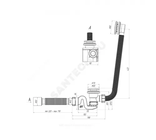 Слив-перелив для ванны Бриг автоматический 1 1/2"x40 с гофрой 40х50 слив клапан "клик-клак" (грибок-сетка), пробка D=68мм АНИ Пласт EC655GS