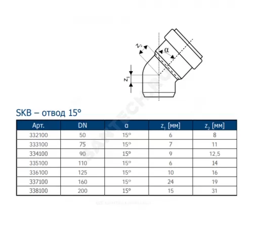 Отвод PP-MD бесшумный светло-серый Skolan Safe SKB Дн 58х15гр (DN50) б/нап в/к Ostendorf 332100