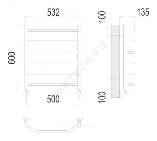 Полотенцесушитель водяной нерж сталь Лесенка (1/2") ВР 500х600мм 6П нижнее подключение Виктория Терминус 4670078530080