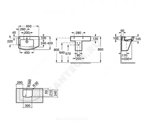 Умывальник подвесной Hall 65 1 отверстие под смеситель по центру белый Roca 327620000