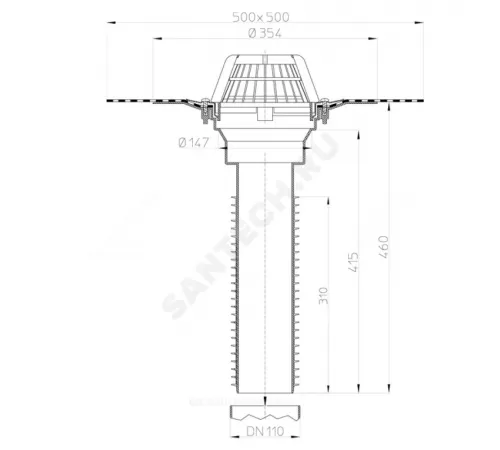 Воронка кровельная HL69H с вертикальным выпуском PP Дн 110 с листвоуловителем,гидроизоляционным полимербитумным полотном 500мм HL HL69H/1