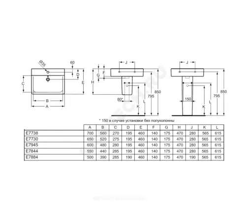 Умывальник подвесной Connect CUBE 60 1 отверстие под смеситель по центру белый Ideal Standard E794501