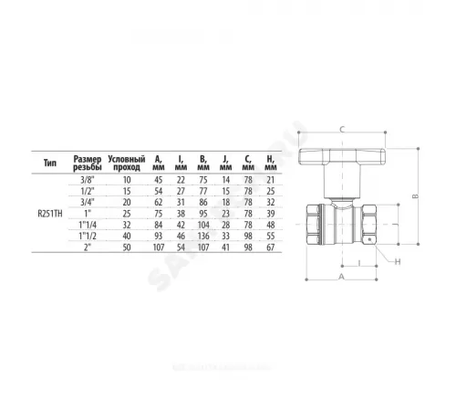 Кран шаровой латунь хром R251TH Ду 40 Ру35 ВР с Т-рукояткой красной удлиненная ручка Giacomini R251X057