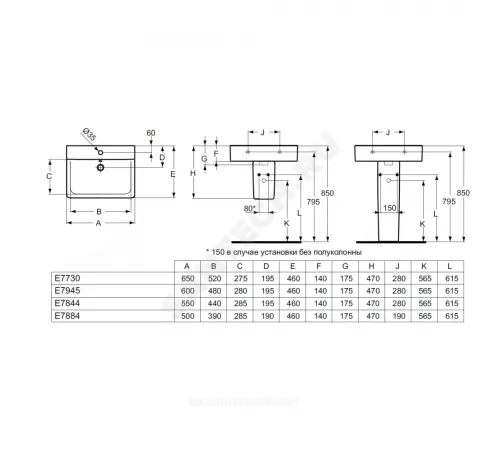 Умывальник подвесной Connect CUBE 55 1 отверстие под смеситель по центру Ideal Standard E784401