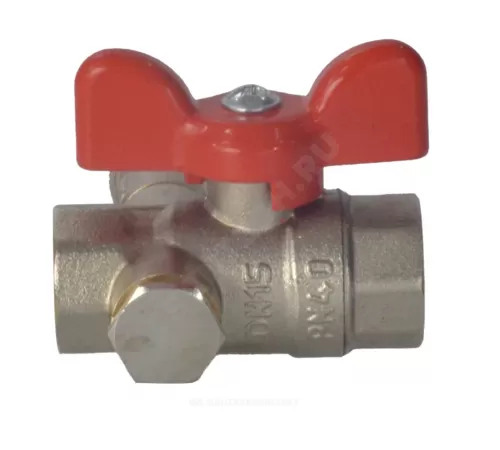 Кран шаровой латунь со спускником Ду 15 Ру40 ВР 1/2" бабочка красная полнопроходной со спускником РОС