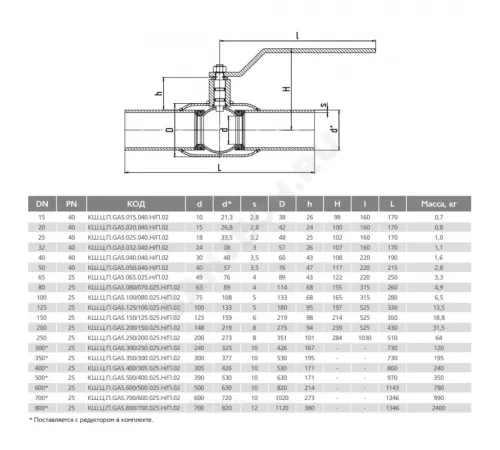 Кран шаровой сталь газ КШ.Ц.П.GAS Ду 125 Ру25 п/привар L=330мм LD КШ.Ц.П.GAS.125/100.025.Н/П.02