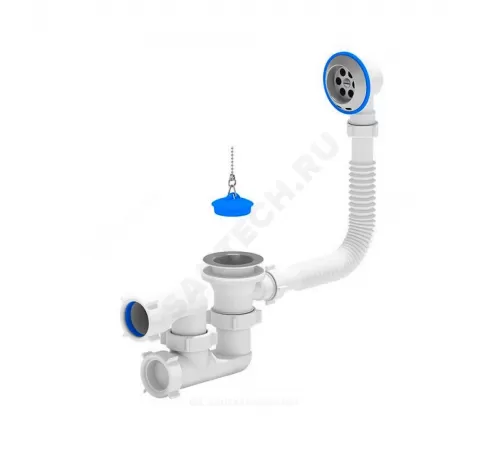 Слив-перелив для ванны регулируемый с пробкой на цепочке 1 1/2"x40 выпуск с нержавеющей решёткой D=70мм АНИ Пласт E250