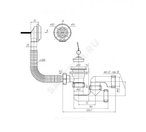 Слив-перелив для ванны регулируемый с пробкой на цепочке 1 1/2"x40 выпуск с нержавеющей решёткой D=70мм АНИ Пласт E250