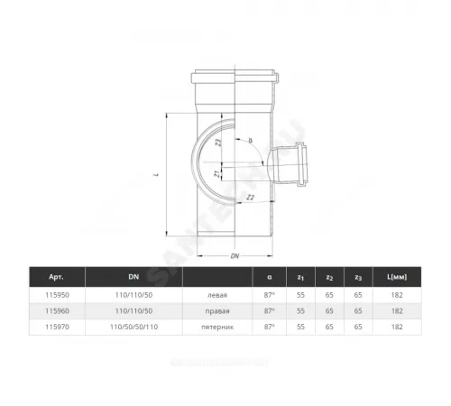 Крестовина PP-H 2-плоскостная правая серая HT HTEDR Дн 110х110х50х87гр б/нап в/к Ostendorf 115960