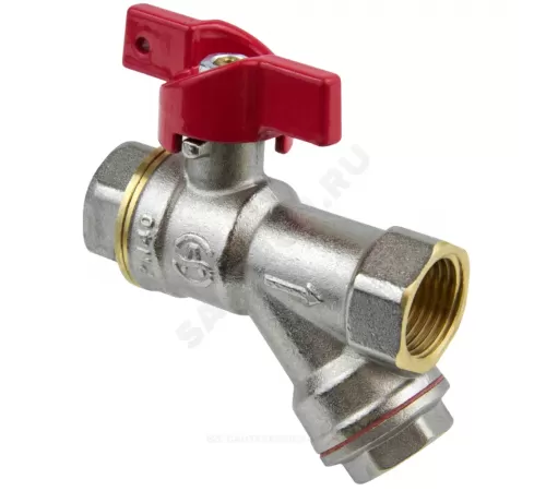 Кран-фильтр шаровой латунь никель 1015 Euro Ду 15 Ру40 ВР полнопроходной бабочка красная с фильтром под пломбу Aquasfera 1015-01