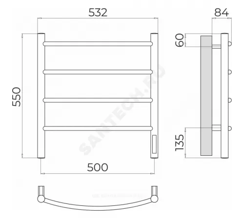 Полотенцесушитель электрический нерж сталь Лесенка 113 Вт 500х550мм 4П со встроенным диммером справа Классик Терминус 4670078544483