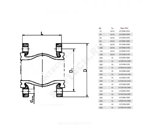 Компенсатор резиновый антивибрационный EPDM DI7240N Ду 200 Ру10 фл L=205мм Tecofi DI7240N-0200 сжатие/растяжение 25 мм/16 мм