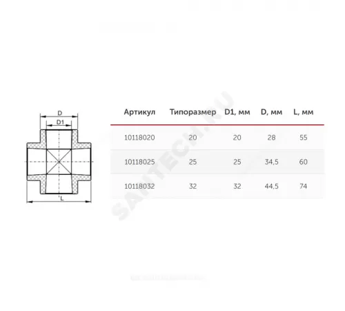 Крестовина PP-R серая Дн 20 внутренняя пайка VALFEX 10118020Г