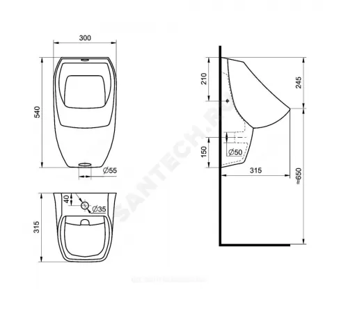 Писсуар настенный Гала белый с креплением Santek 1.WH30.1.774