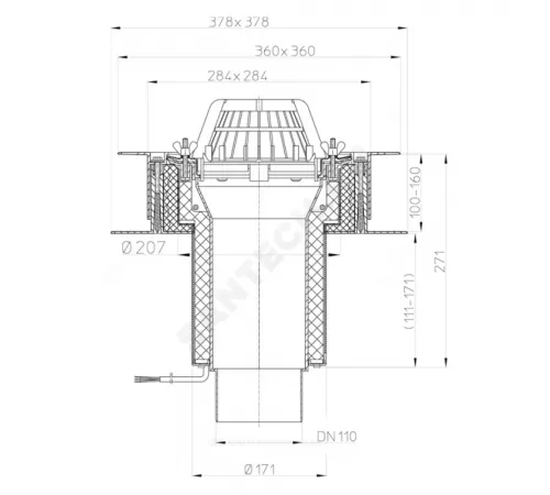 Воронка кровельная HL63.1 с вертикальным выпуском PP Дн 110 с листвоуловителем, электрообогревом, теплоизоляцией, обжимным фланцем HL HL63.1/1