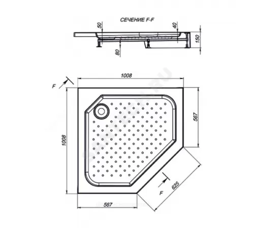 Поддон душевой акрил пятиугольный Nova Penta 1000х1000х150 с противоскользящим покрытием Мирсант УТ000065548