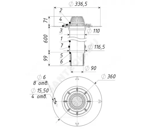 Воронка кровельная с вертикальным выпуском PP Дн 90/110 с листвоуловителем, прижимным фланцем из нержавеющей стали Татполимер ТП-07.100/6
