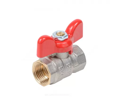 Кран шаровой латунь никель Стандарт Ду 15 Ру40 ВР полнопроходной бабочка красная Dist Н311Б