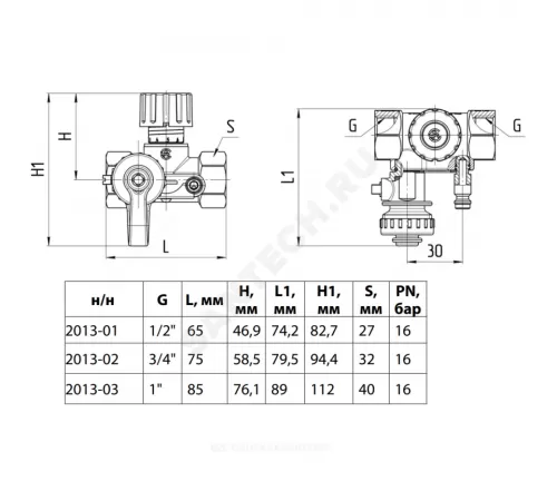 Клапан балансировочный ручной латунь 2013 Ду 20 G3/4" Ру16 Тмакс=120 оС ВР Kvs=2.5м3/ч с измерительными ниппелями EURO Aquasfera 2013-02