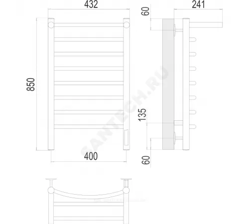 Полотенцесушитель электрический нерж сталь Лесенка с полочкой 115 Вт 400х850мм 8П со встроенным диммером справа Классик Терминус 4670078531407