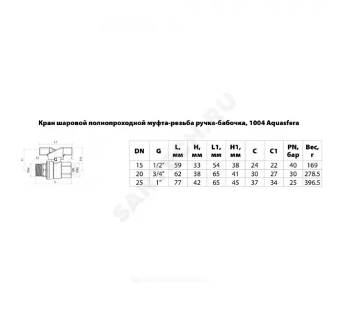 Кран шаровой латунь никель 1004 Euro Ду 15 Ру40 ВР/НР полнопроходной бабочка красная Aquasfera 1004-01 .