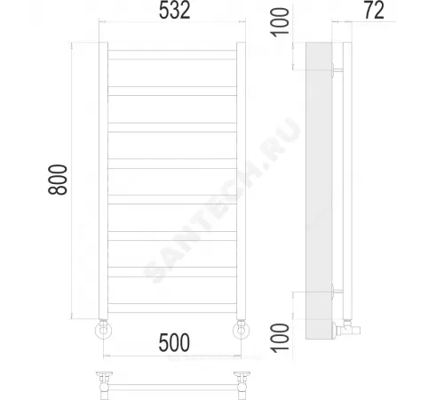 Полотенцесушитель водяной нерж сталь Лесенка (1/2") ВР 500х800мм 8П нижнее подключение Аврора Терминус 4670078529947