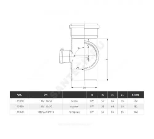 Крестовина PP-H 2-плоскостная левая серая HT HTEDL Дн 110х110х50х87гр б/нап в/к Ostendorf 115950