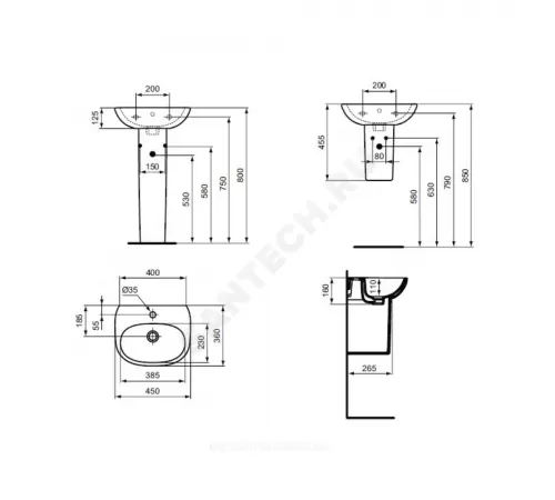 Умывальник подвесной TESI 45 1 отверстие под смеситель по центру Ideal Standard T352401