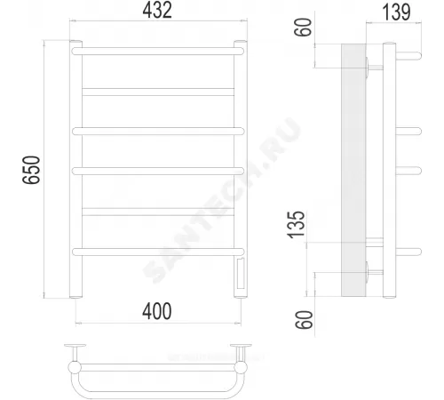 Полотенцесушитель электрический нерж сталь Лесенка 95 Вт 400х650мм 6П со встроенным диммером справа Евромикс Терминус 4670078531261