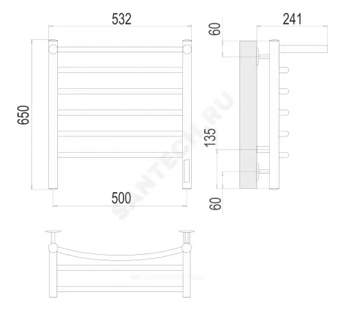 Полотенцесушитель электрический нерж сталь Лесенка с полочкой 100 Вт 500х650мм 6П со встроенным диммером справа Классик Терминус 4670078531391