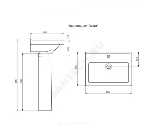 Умывальник подвесной Визит 55 1 отверстие под смеситель по центру с переливом белый Santeri 1.3115.3.S00.11B.0