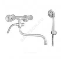 Смеситель для ванны с душем двуручный круглый излив, душевой шланг н/ж сталь, хромированная пластиковая лейка и кронштейн Стандарт ЦС-СМ 600/1-4 К М_Супер Центр Сантехники (Подольск) СМ513004