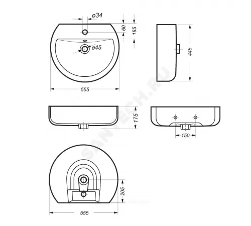Умывальник подвесной Best 55 1 отверстие под смеситель по центру белый Sanita Luxe WB.PD/Best/55-C/WHT.G/S1