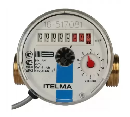 Счётчик х/в крыльчатый одноструйный Ду 15 Ру10 Qn=1,5 м3/ч 30С L=80мм резьба импульсный Б/К IP54 WFK24 Итэлма