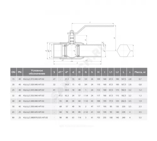 Кран шаровой сталь КШ.Ц.С спускной Ду 15 Ру40 ВР/под приварку L=167.5мм LD КШ.Ц.С.015.040.Н/П.02