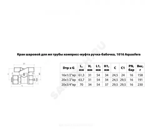 Кран шаровой латунь никель 1016 Euro Дн 16х1/2" Ру16 ВР/обжим бабочка красная Aquasfera 1016-01 .