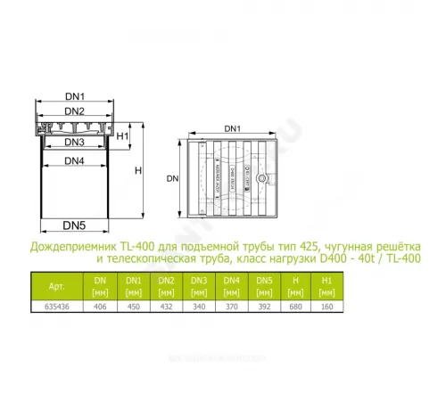 Дождеприемник чугун Д400 с телескопической трубой Ostendorf 635436