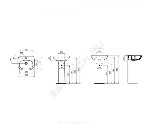 Умывальник подвесной TESI 50 1 отверстие под смеситель по центру Ideal Standard T009401